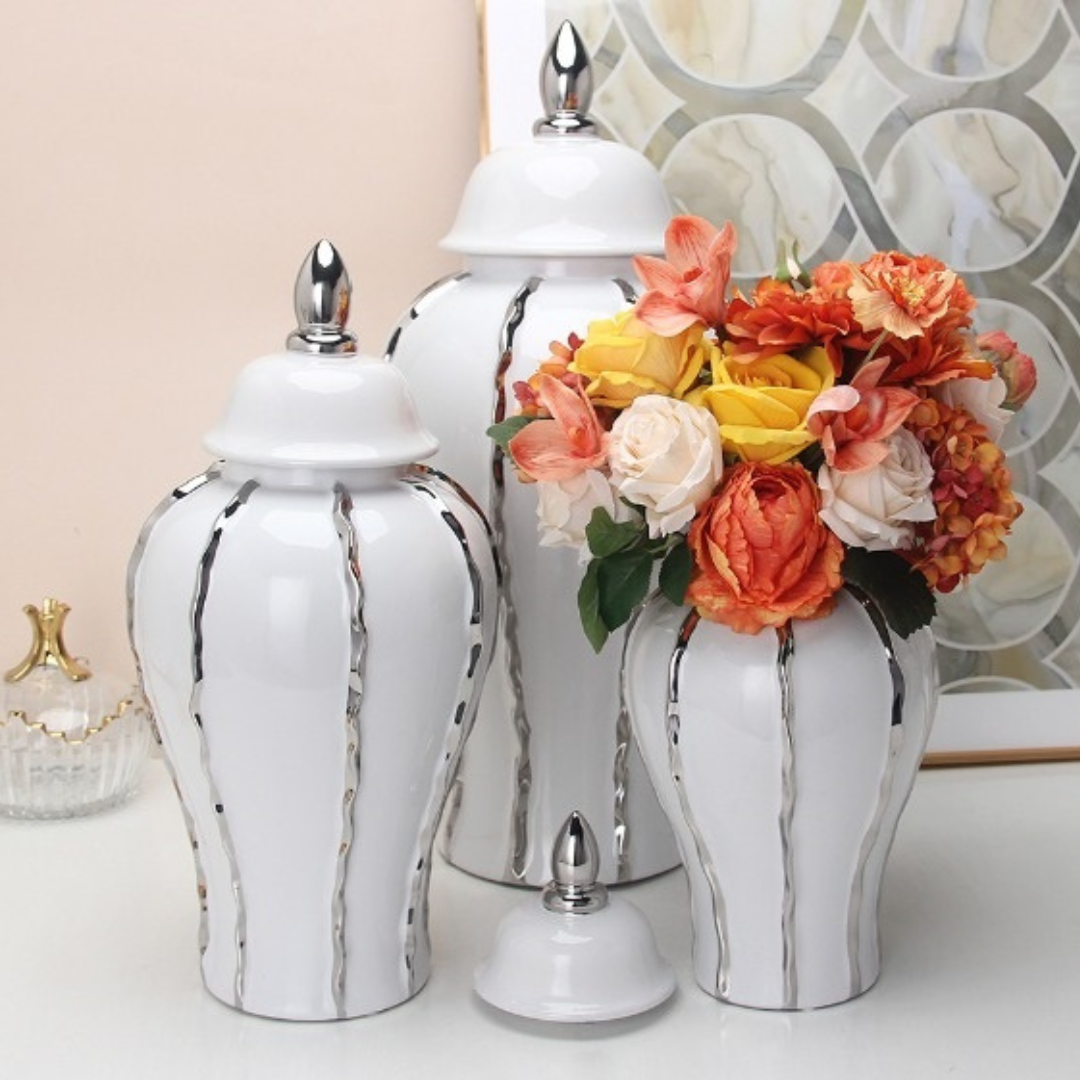 Banda White Vase or Ginger Jar with Gold or Silver Detail debelleo