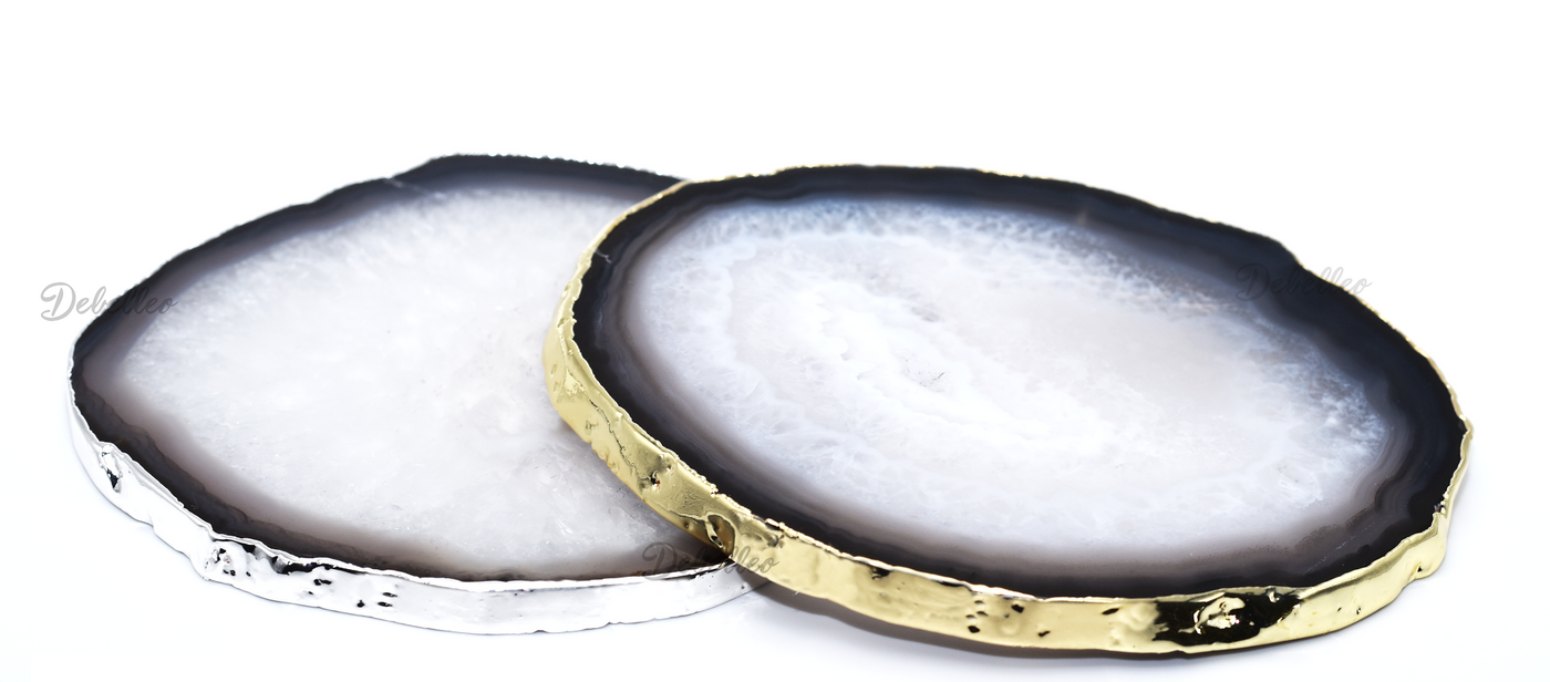 Posavasos de geoda de ágata negra de corte natural con borde chapado en oro o plata