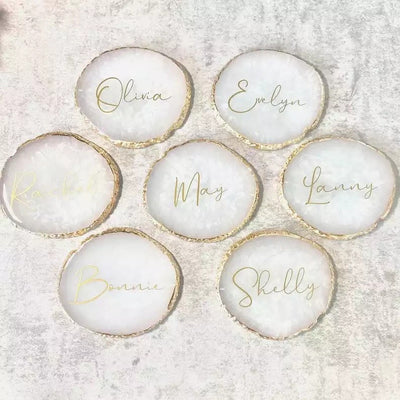 Posavasos de geoda de ágata blanca de corte natural con borde chapado