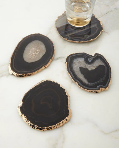 Posavasos de geoda de ágata negra de corte natural con borde chapado en oro o plata